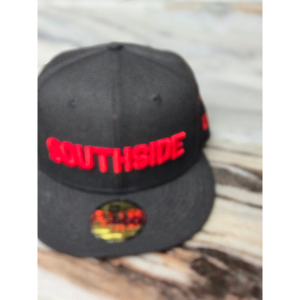 New Era 59FIFTY Southside Chicago Fitted Hat Black Red Size 7 3/8 Custom Patches